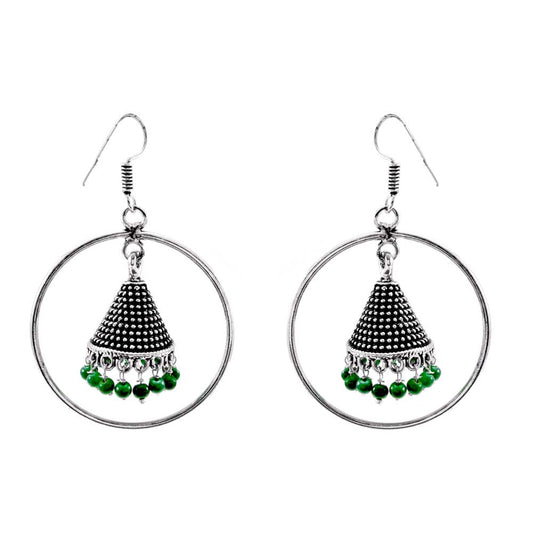 Divamas Hoop Jhumkas | Oxidized Silver & Green Stones - DIVAMAS