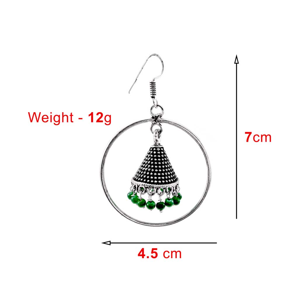 Divamas Hoop Jhumkas | Oxidized Silver & Green Stones - DIVAMAS