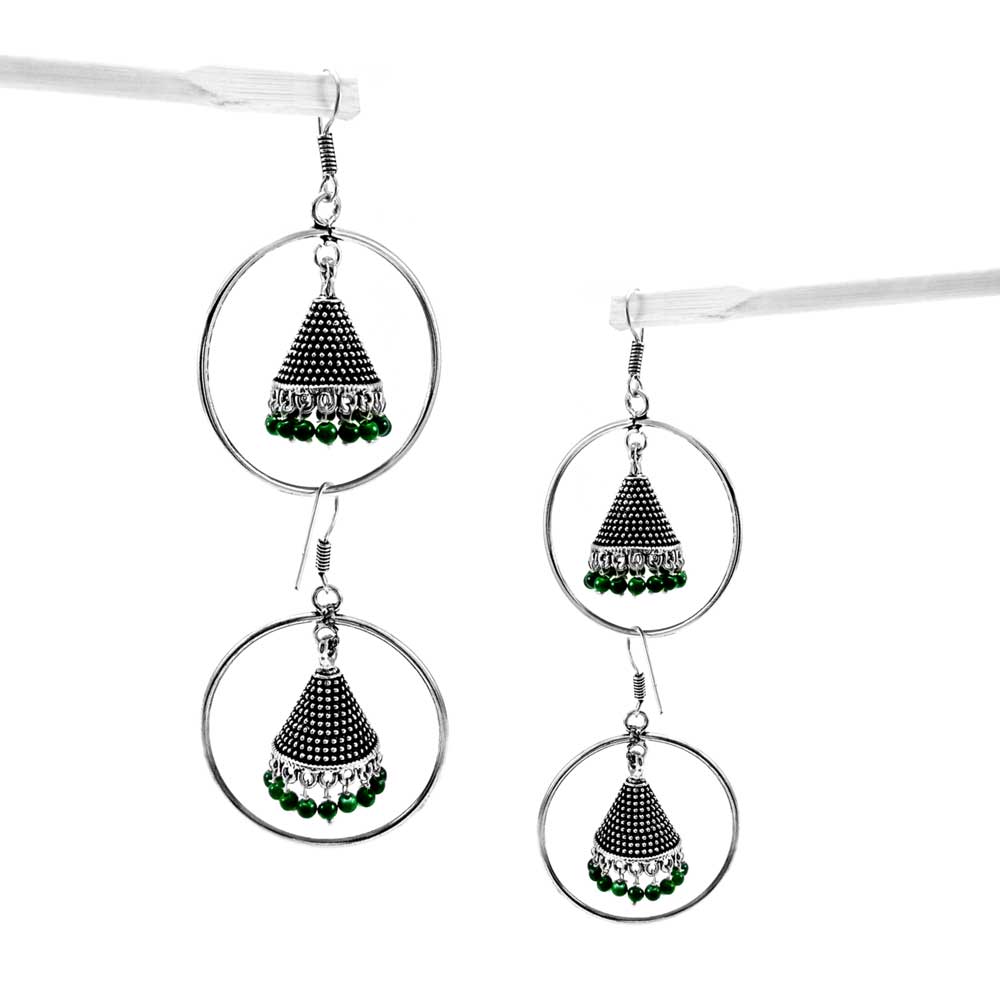 Divamas Hoop Jhumkas | Oxidized Silver & Green Stones - DIVAMAS