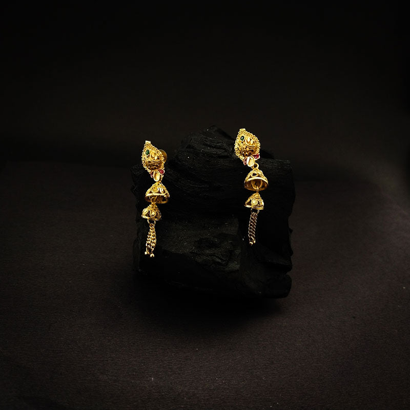 Gold-Plated Jhumka Earrings with Green and Red Stonework - DIVAMAS