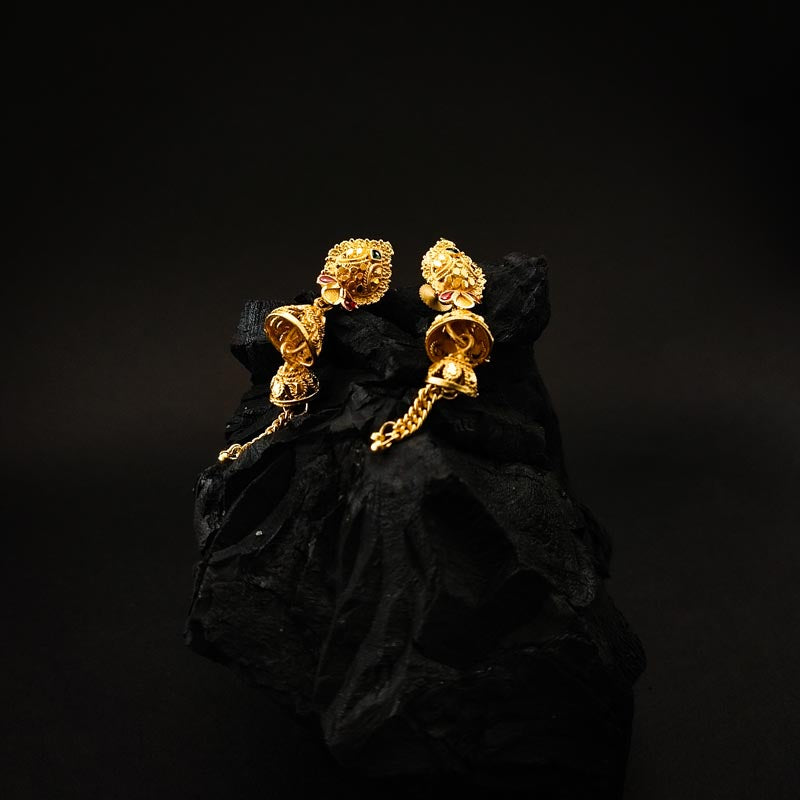 Gold-Plated Jhumka Earrings with Green and Red Stonework - DIVAMAS