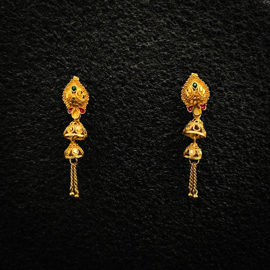 Gold-Plated Jhumka Earrings with Green and Red Stonework - DIVAMAS
