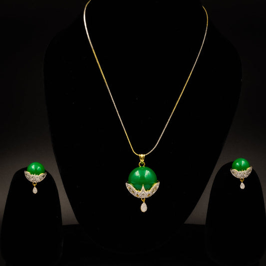 Elegant AD green round pendant set with sparkling American Diamonds and a vibrant green centerpiece, includes a pendant and matching earrings, perfect for parties and festive occasions.