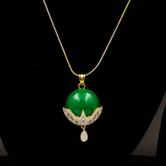 Elegant AD green round pendant set with sparkling American Diamonds and a vibrant green centerpiece, includes a pendant and matching earrings, perfect for parties and festive occasions.