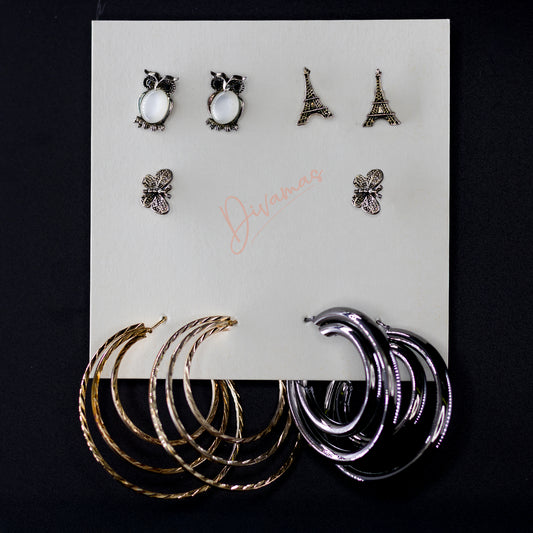 Elegant and trendy DIVAMAS earrings combo – hoops, studs, danglers for women. Perfect for gifting and personal style.
