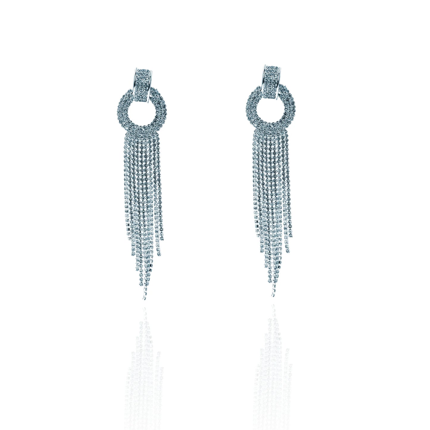 Elegant silver tone crystal long earrings