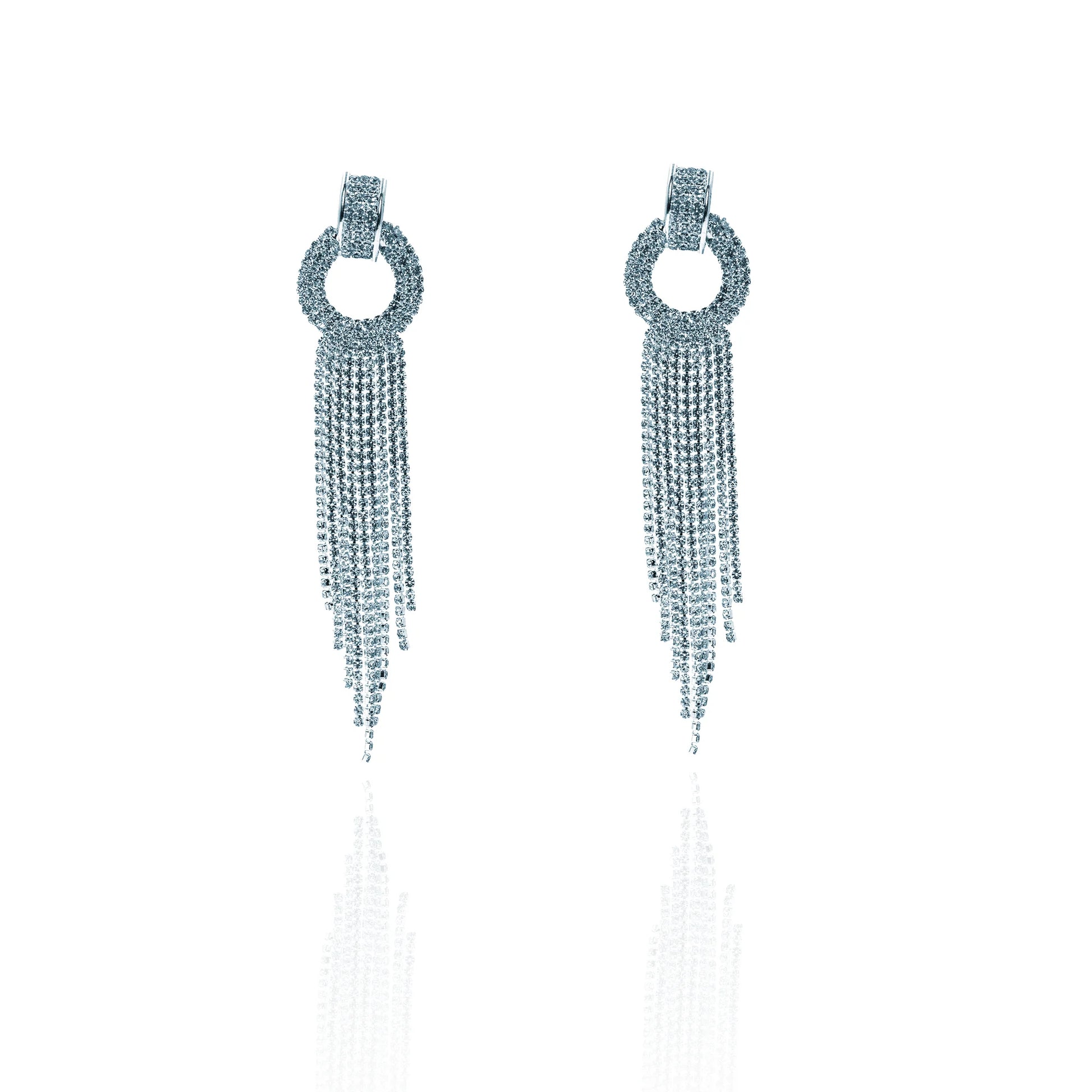 Elegant silver tone crystal long earrings
