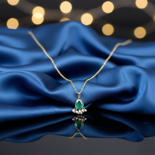 Emerald green stone pendant necklace with pearl drop