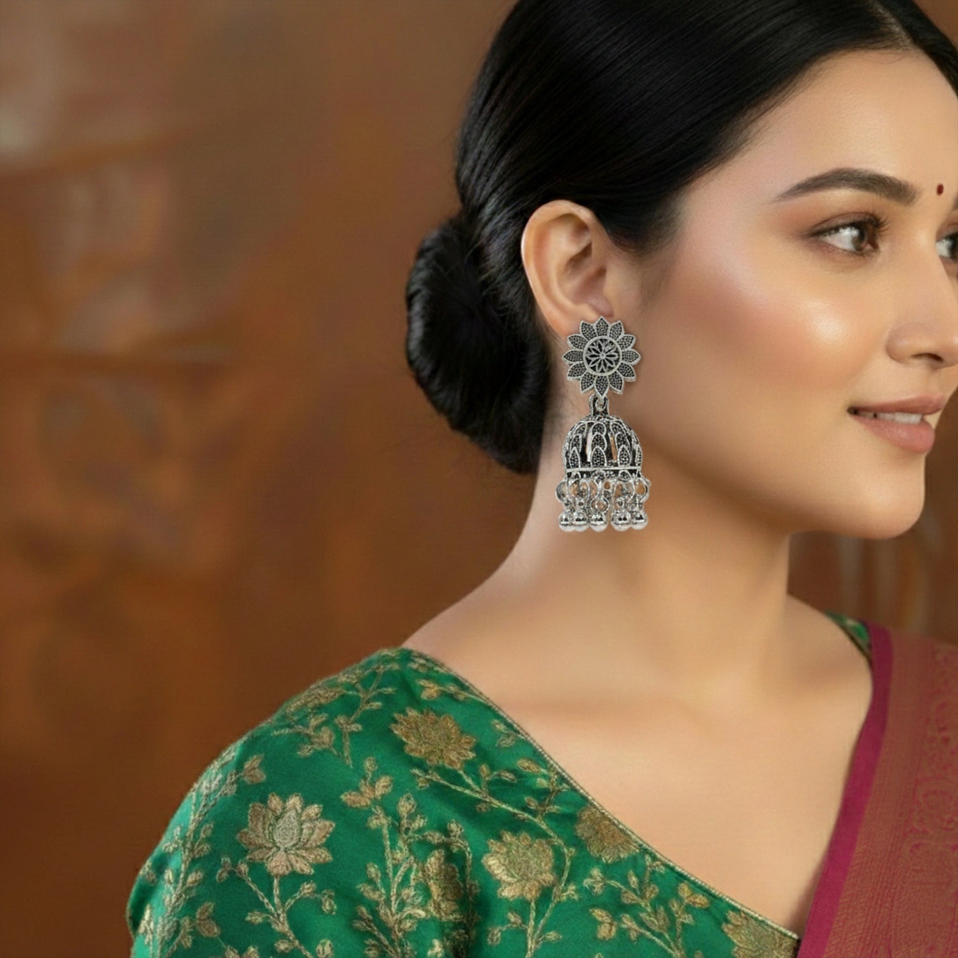 Ethnic oxidised silver ghungroo jhumka earrings