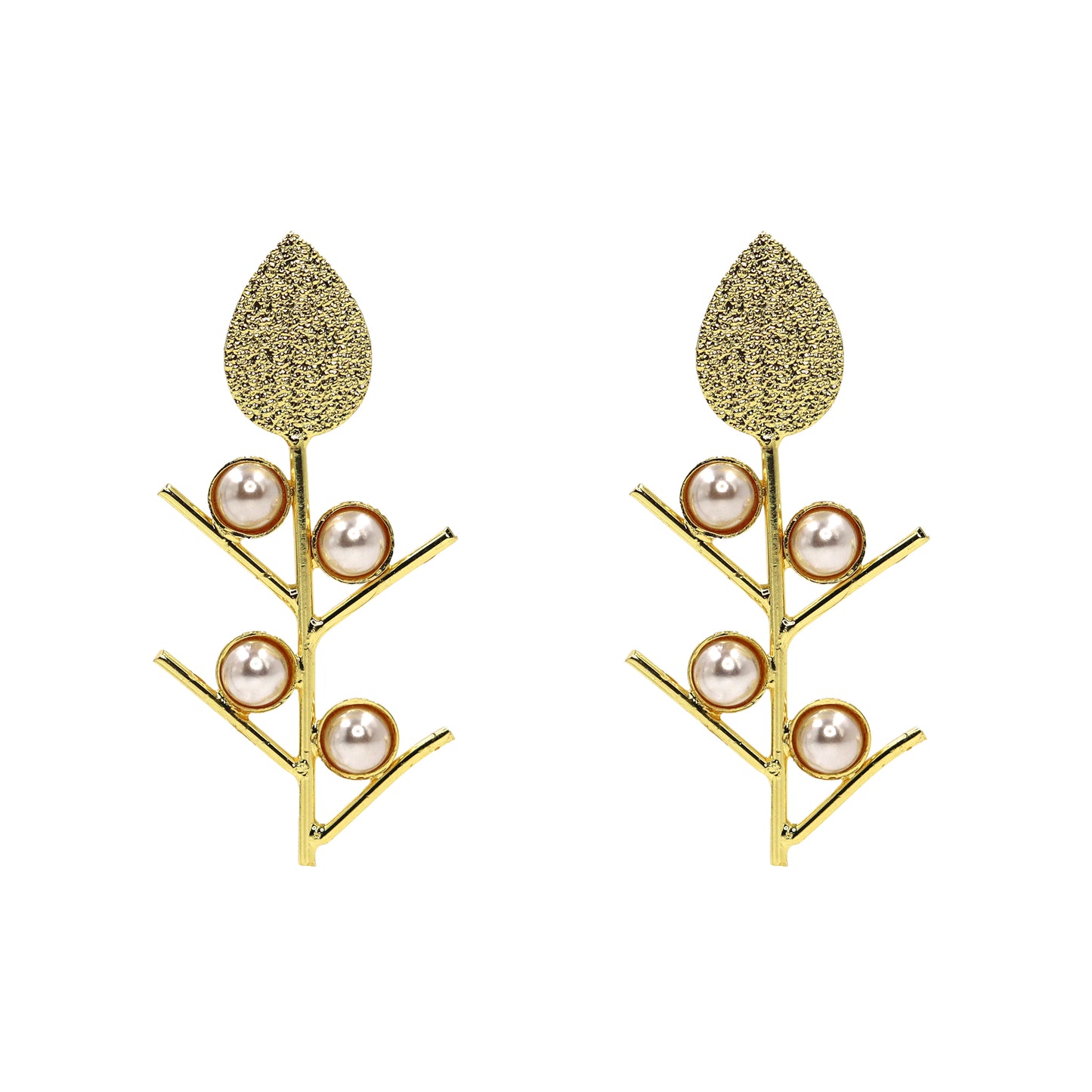 Gold leaf-shaped earrings with pearl accents on a branch-like design from DIVAMAS, displayed on a white background_02
