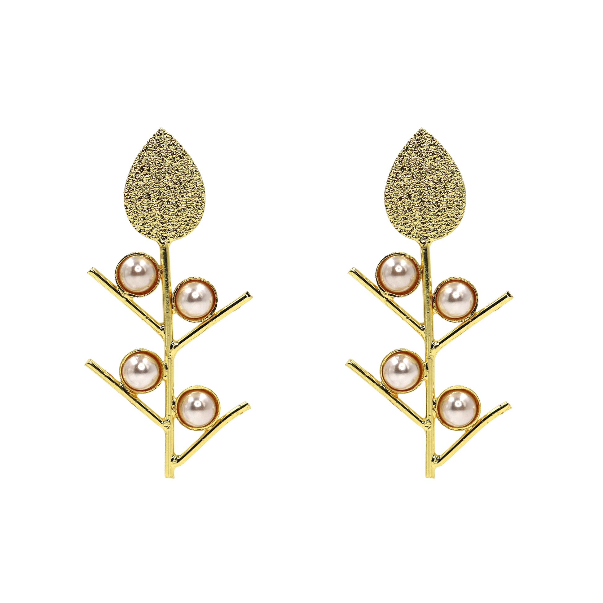 Gold leaf-shaped earrings with pearl accents on a branch-like design from DIVAMAS, displayed on a white background_02