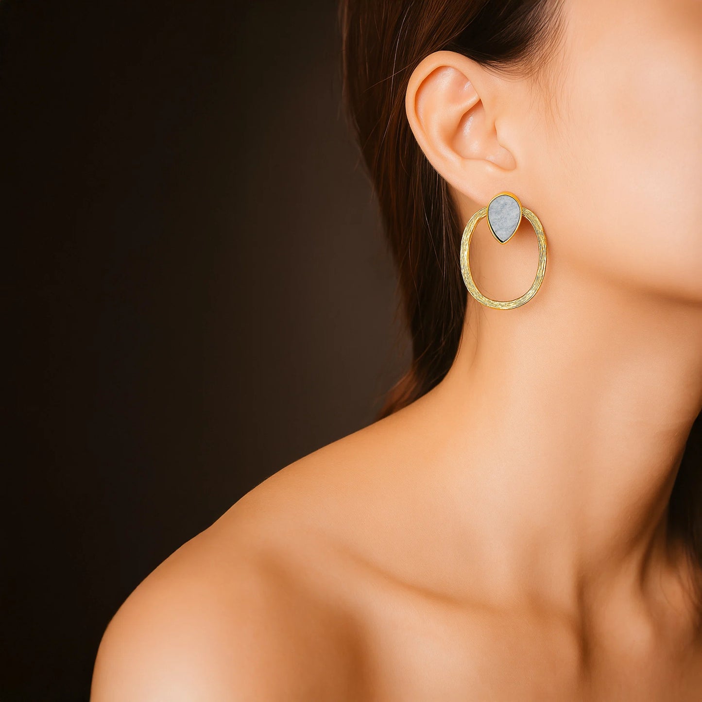 Gold Plated Brass Earrings with Raw Stone
