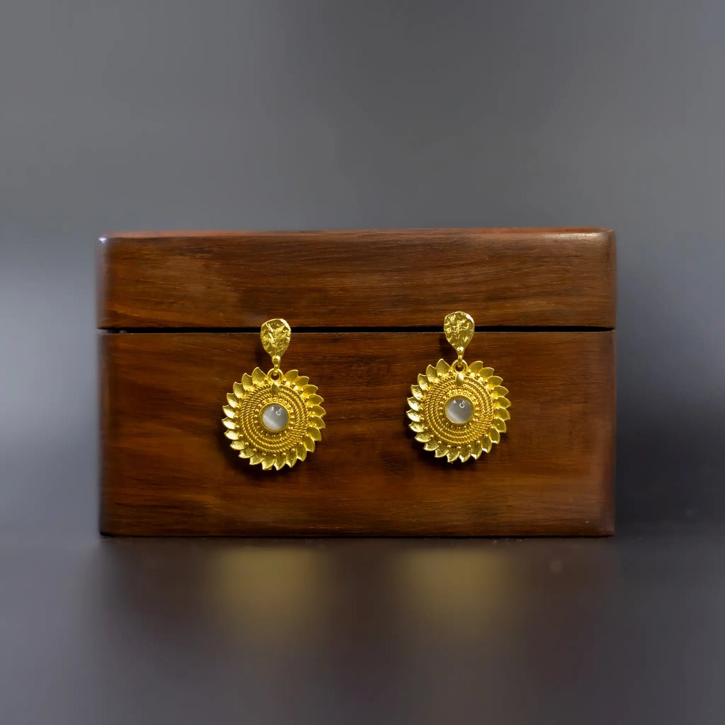 Divamas Grand Gold-Plated Round Drop Earrings with Center Stone Aqua  – Luxury Ethnic Designer Jewelry