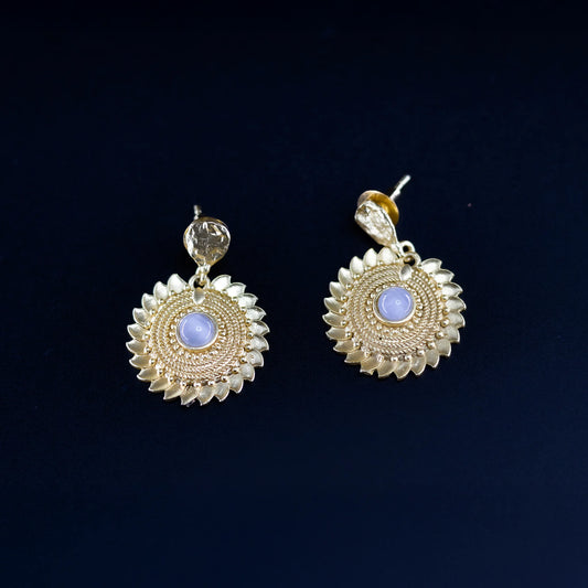 Divamas Grand Gold-Plated Round Drop Earrings with Center Stone Aqua  – Luxury Ethnic Designer Jewelry