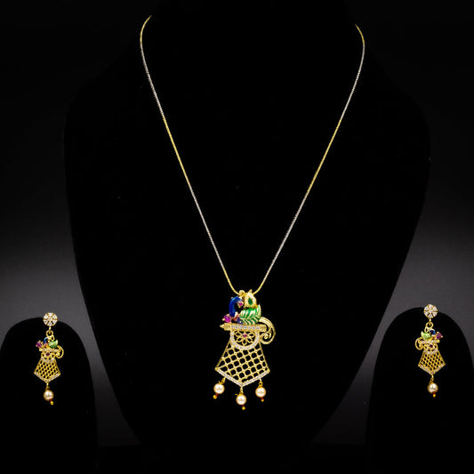 Exquisite AD multicolor peacock pendant set with shimmering American Diamonds and vibrant multicolored stones, includes a pendant and matching earrings, perfect for weddings and festive occasions.