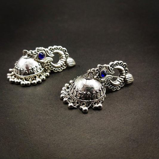 Divamas Oxidized Silver Jhumka Earrings | Floral & Blue - DIVAMAS