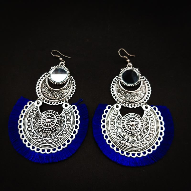 Divamas Mirror Tassel Earrings | Oxidized Boho Style - DIVAMAS