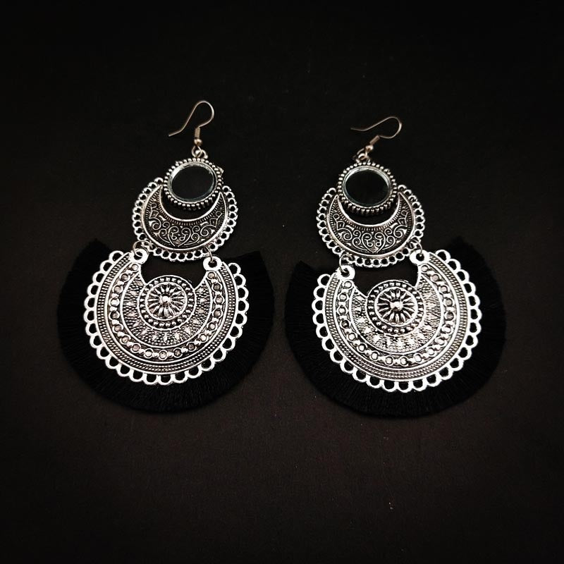 Divamas Mirror Tassel Earrings | Oxidized Boho Style - DIVAMAS