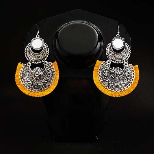 Divamas Mirror Tassel Earrings | Oxidized Boho Style - DIVAMAS