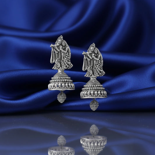 Oxidised silver Radha Krishna temple earrings