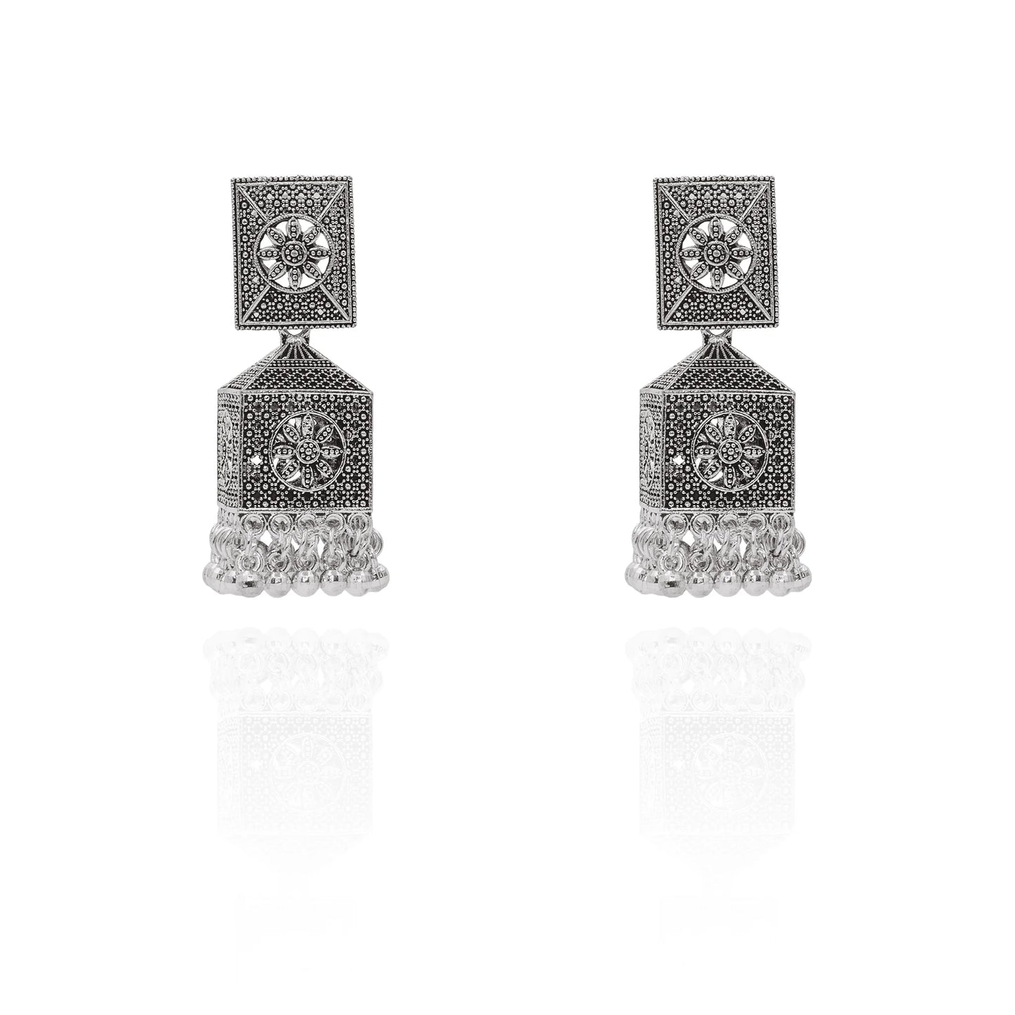 Oxidised silver geometric jhumka earrings