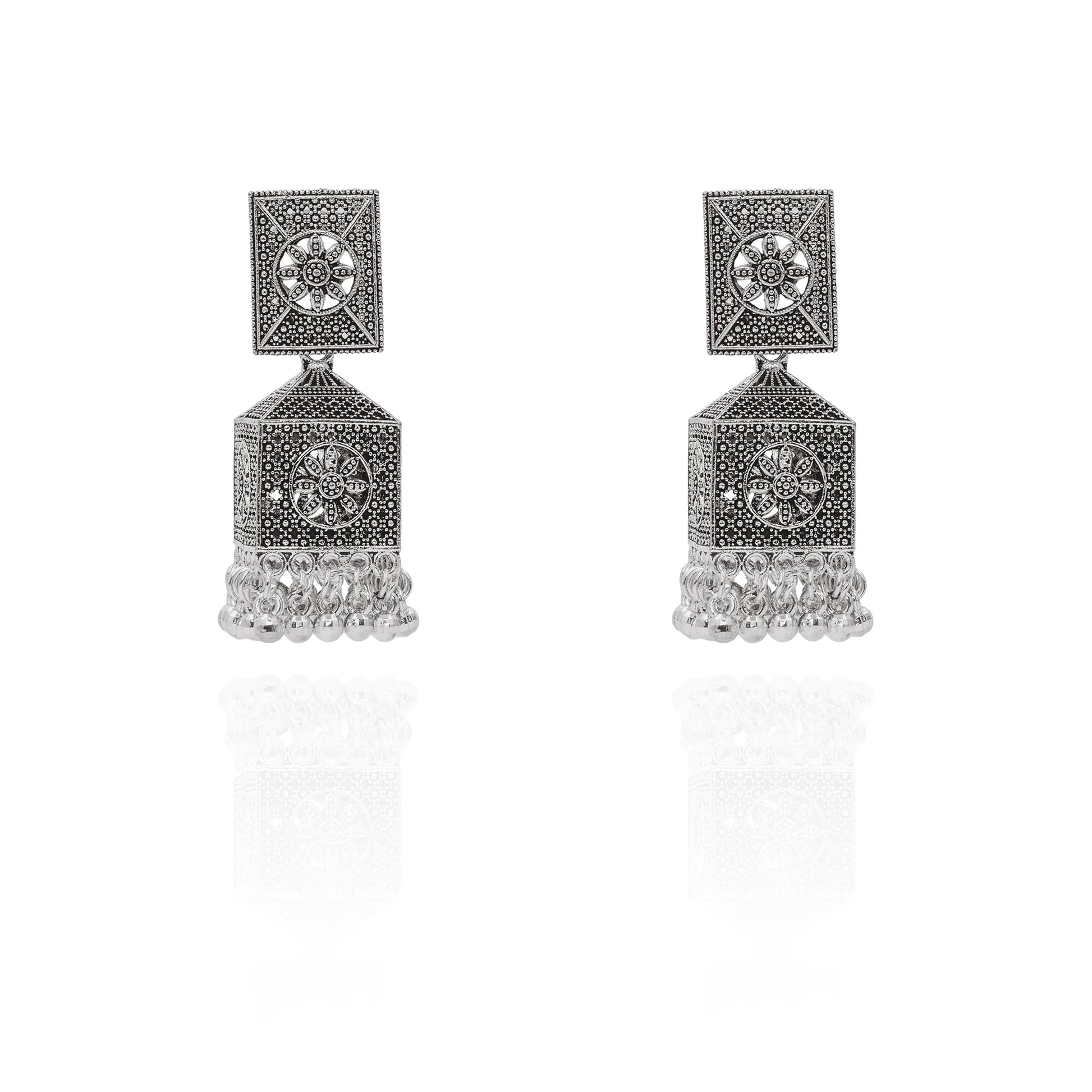 Oxidised silver geometric jhumka earrings
