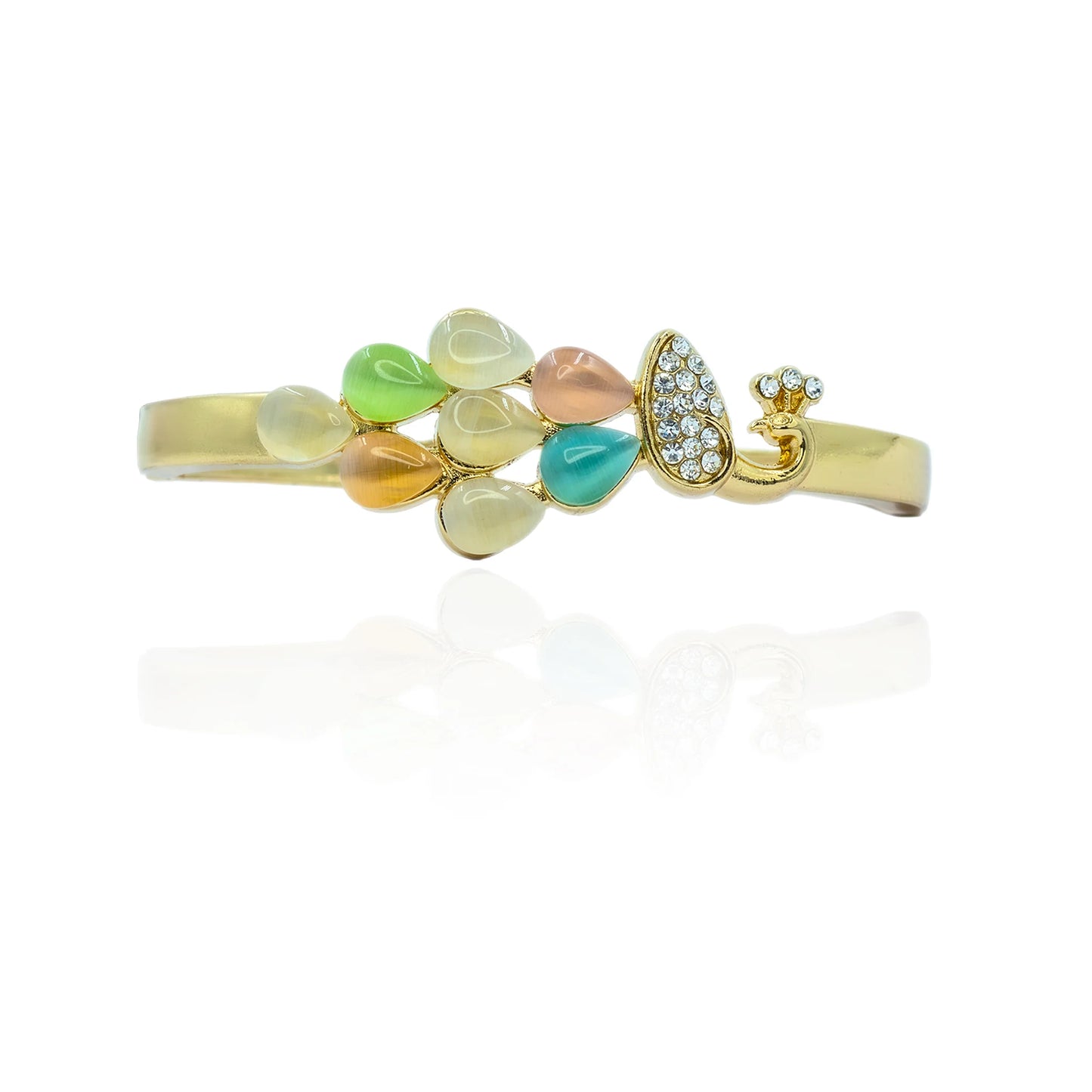 Peacock design gold finish bracelet with pastel stones