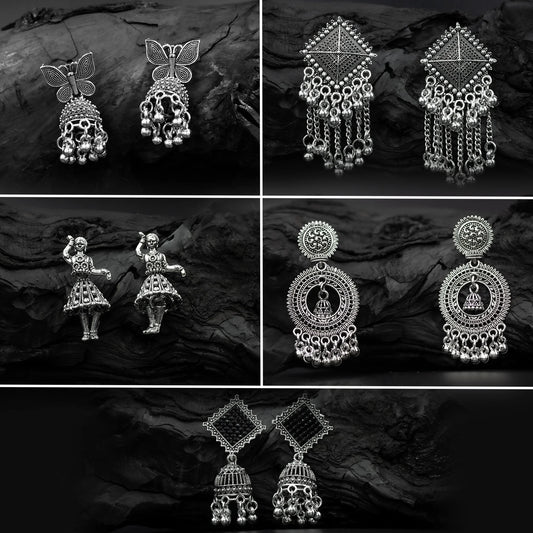 Oxidised Silver Earrings Combo Set (5 Pairs) | Ethnic & Boho Style