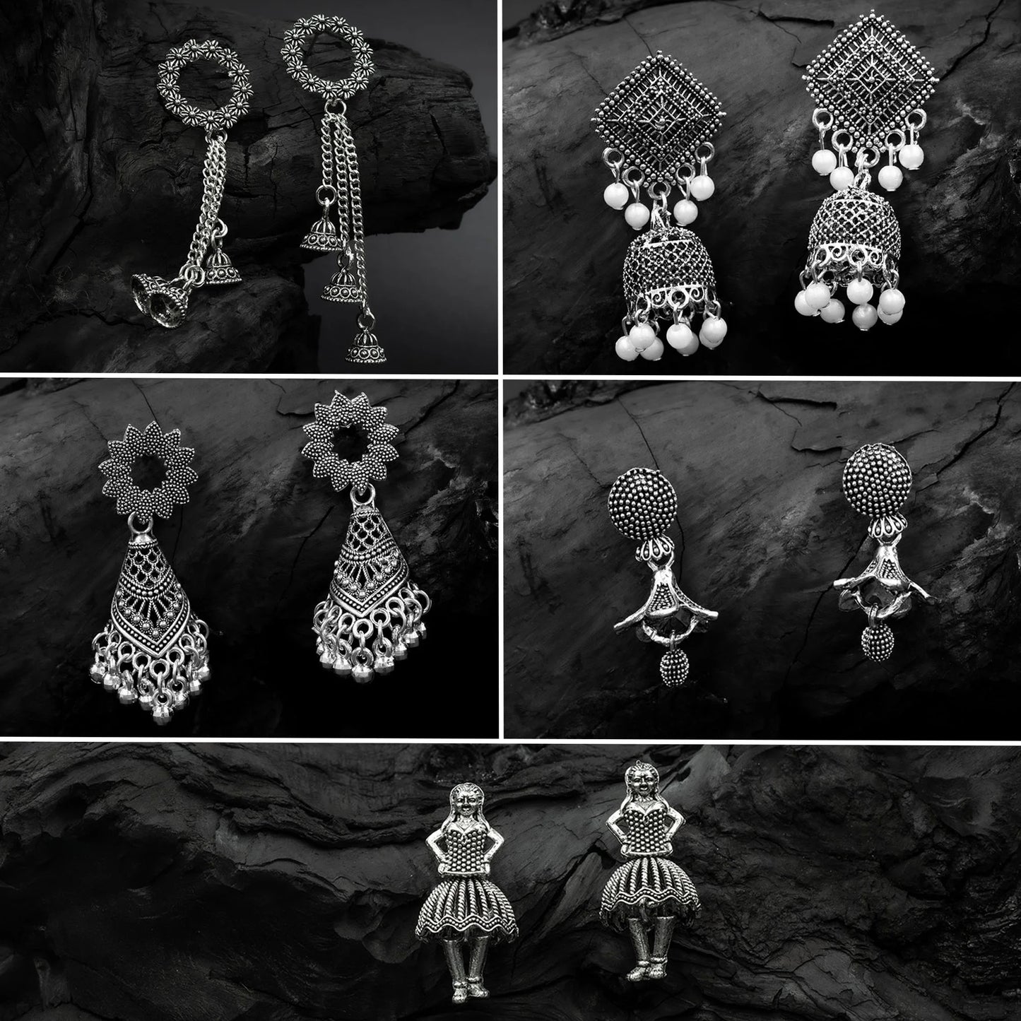 Oxidised Silver Earrings Combo Set (5 Pairs) | Ethnic Styles
