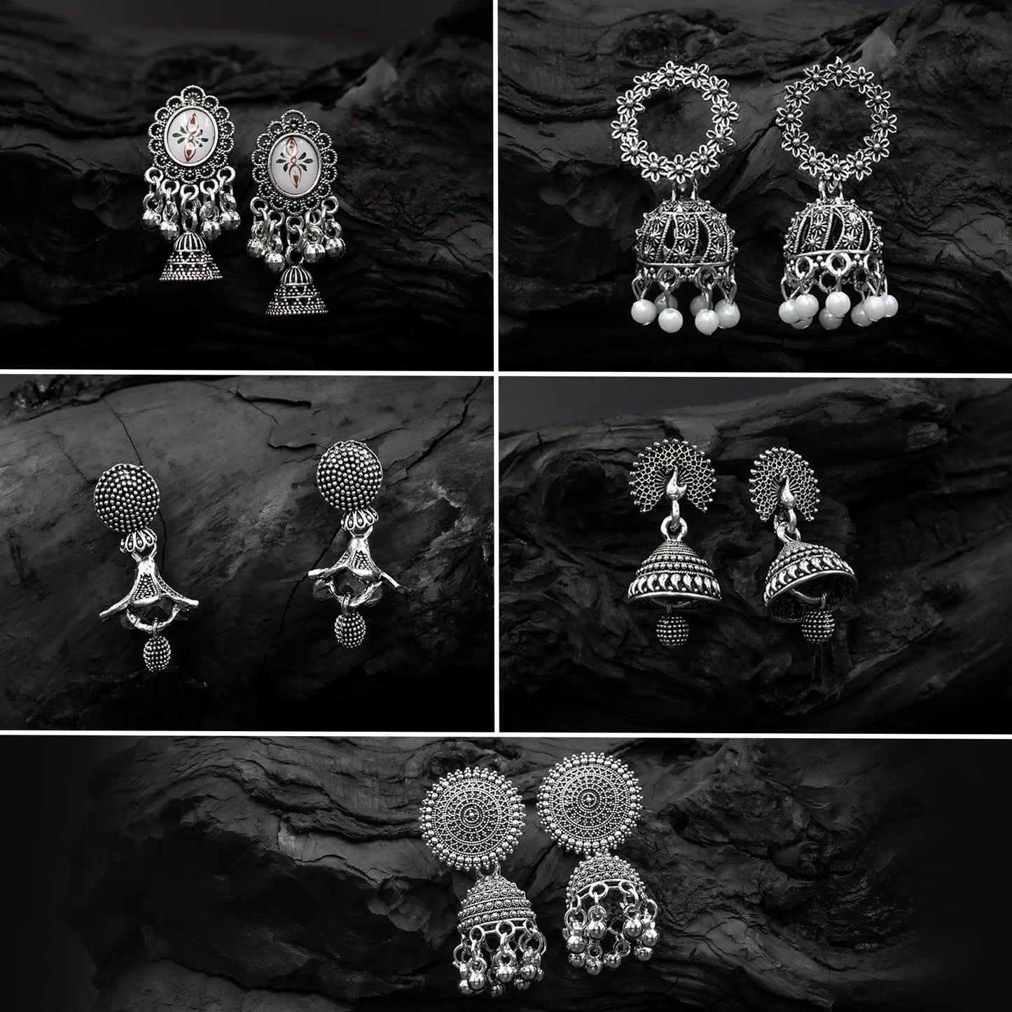 Traditional Oxidised Jhumka Combo Set (5 Pairs)