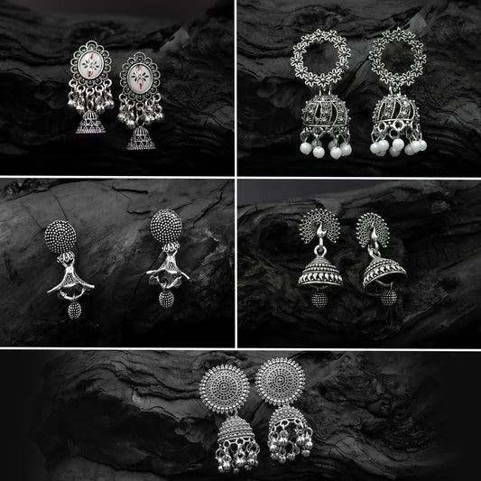 Traditional Oxidised Jhumka Combo Set (5 Pairs)
