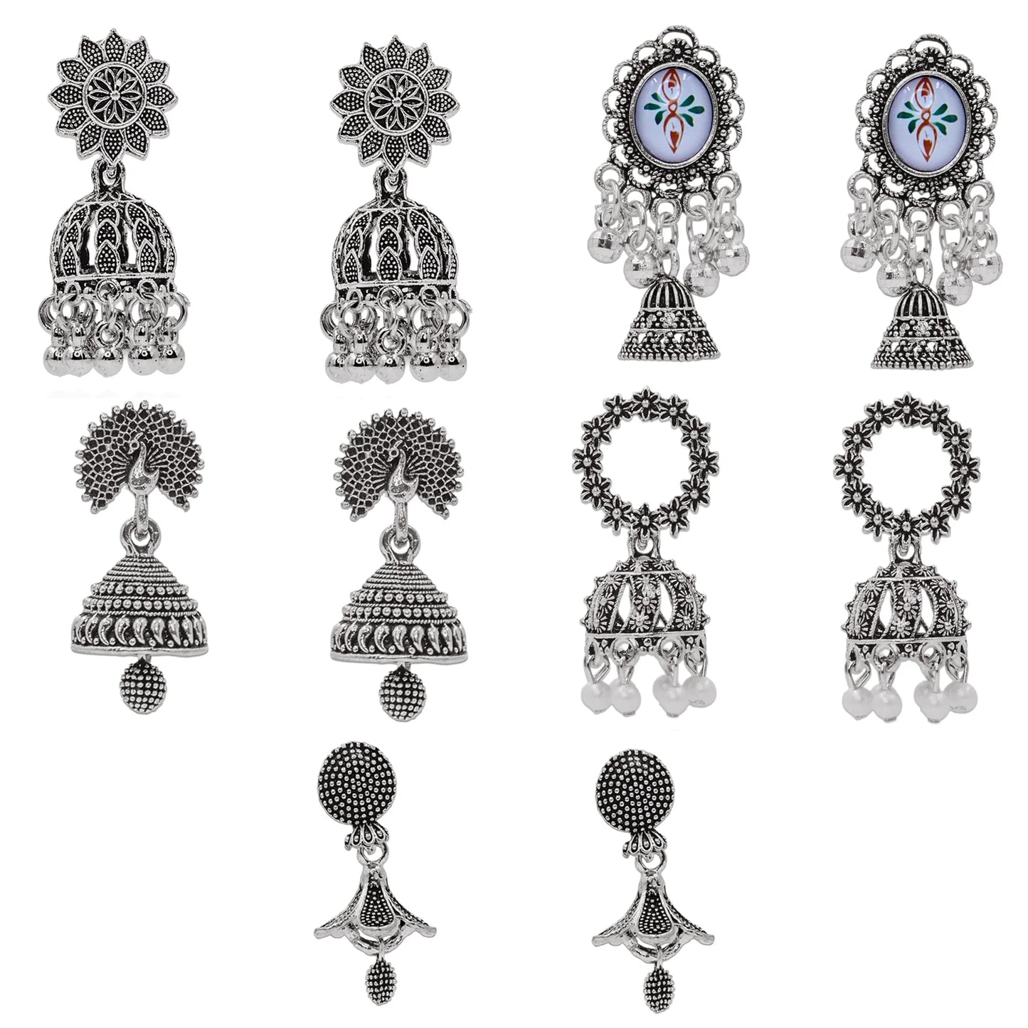 Traditional Oxidised Jhumka Combo Set (5 Pairs)