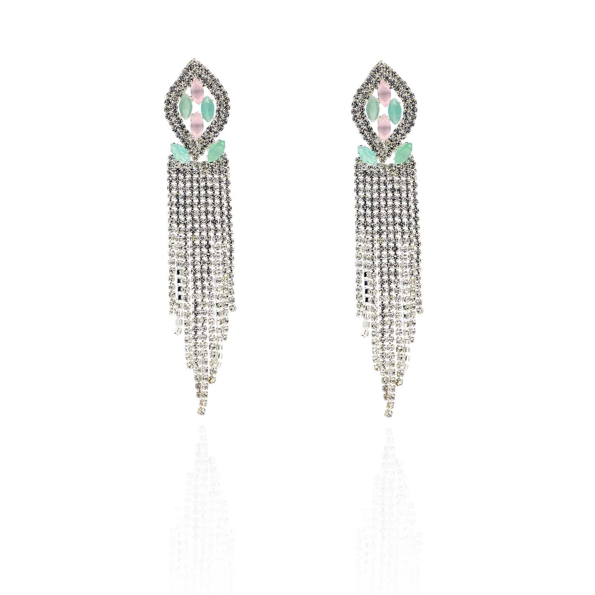 Silver-tone crystal tassel long earrings