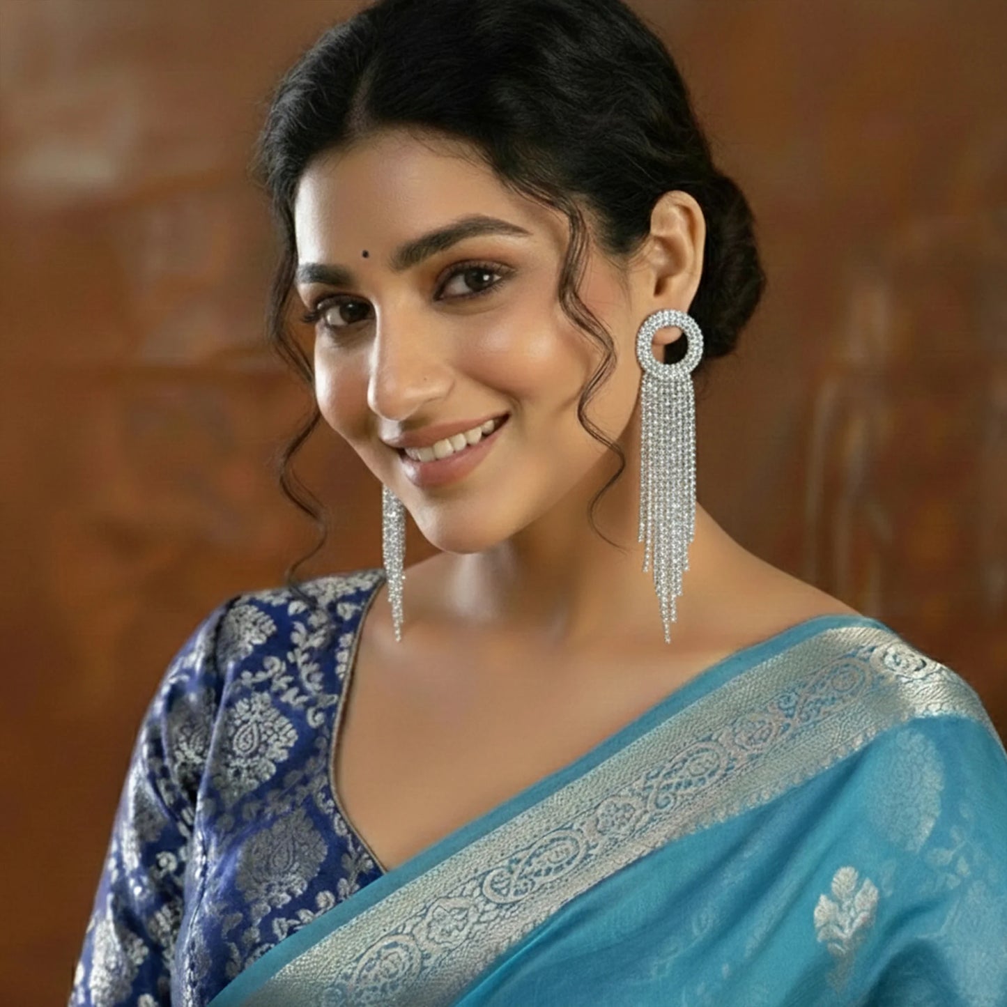 Silver crystal tassel long earrings for women