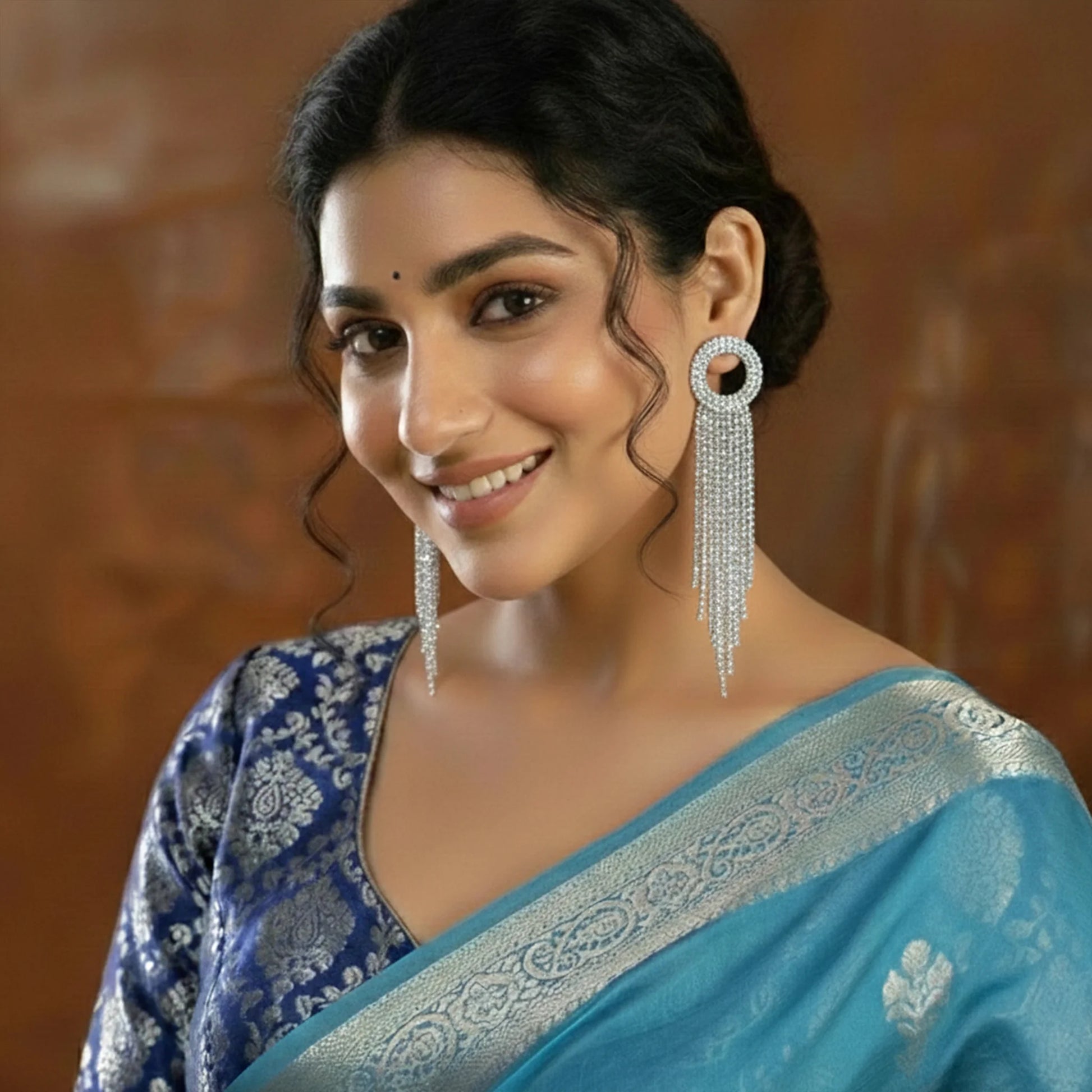 Silver crystal tassel long earrings for women