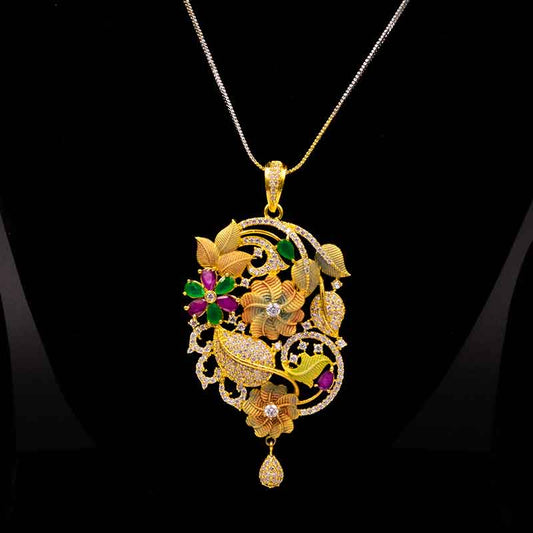 Stunning AD multicolor pendant set featuring a vibrant pendant and matching earrings with sparkling American Diamonds and multicolored stones, perfect for weddings and festive occasions.