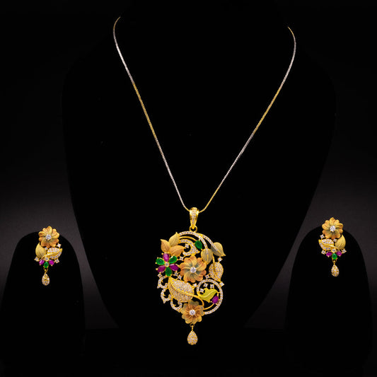 Stunning AD multicolor pendant set featuring a vibrant pendant and matching earrings with sparkling American diamonds and multicolored stones, perfect for weddings and festive occasions.