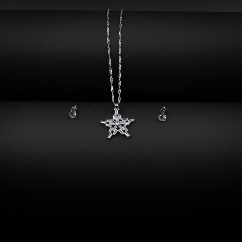Silver Star Pendant Necklace & Earrings Set—radiant and Modern Design