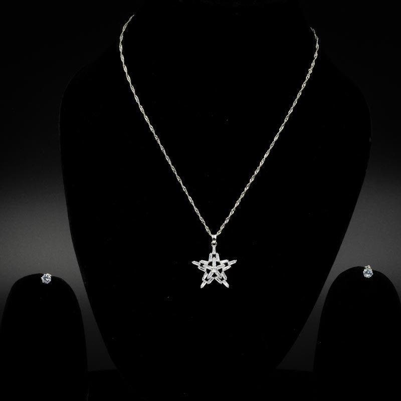 Silver Star Pendant Necklace & Earrings Set - Radiant and Modern Design
