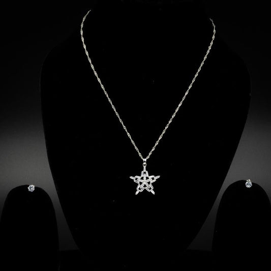 Silver Star Pendant Necklace & Earrings Set - Radiant and Modern Design