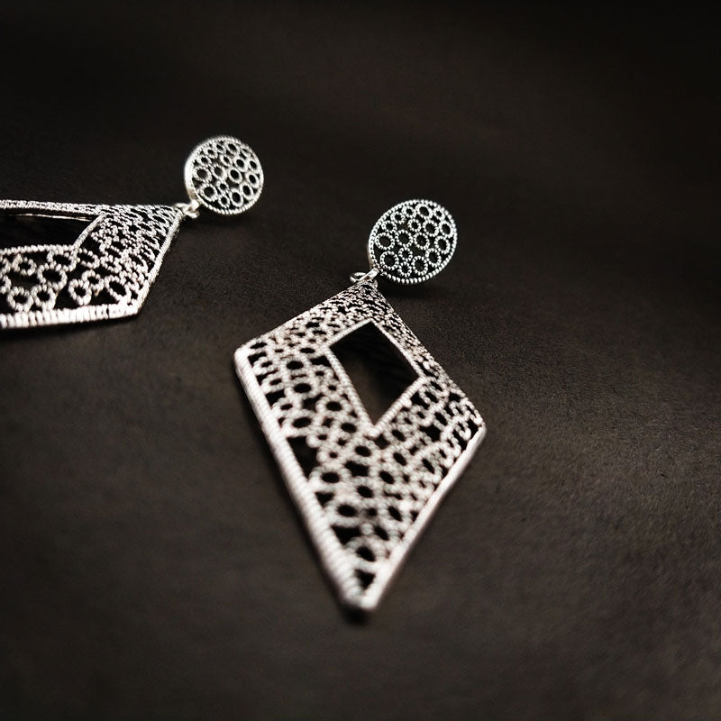 Stylish Silver Alloy Drop Earrings with a sleek and polished silver finish, lightweight and elegant design, perfect for any occasion.