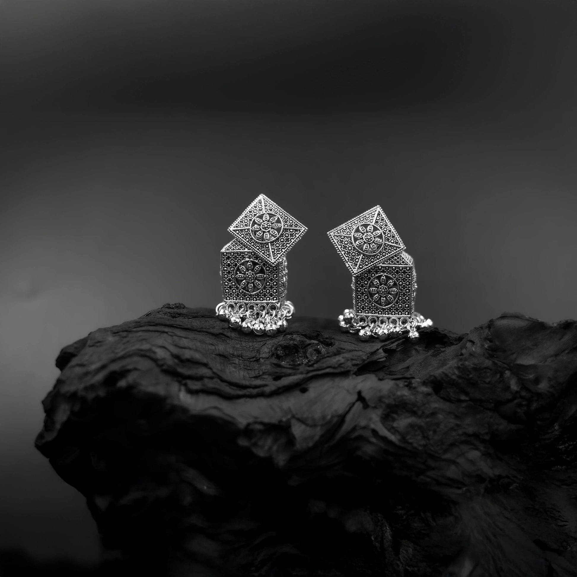 Traditional oxidised silver box jhumka earrings