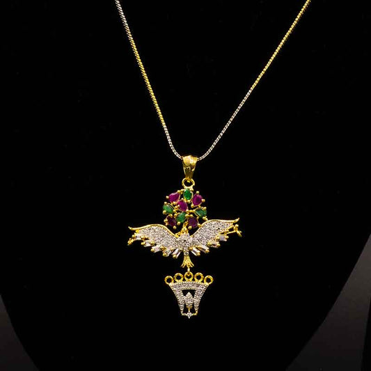 Unique AD multicolor eagle pendant set featuring a bold eagle design with shimmering American Diamonds and vibrant multicolored stones, includes a pendant and matching earrings, perfect for special occasions