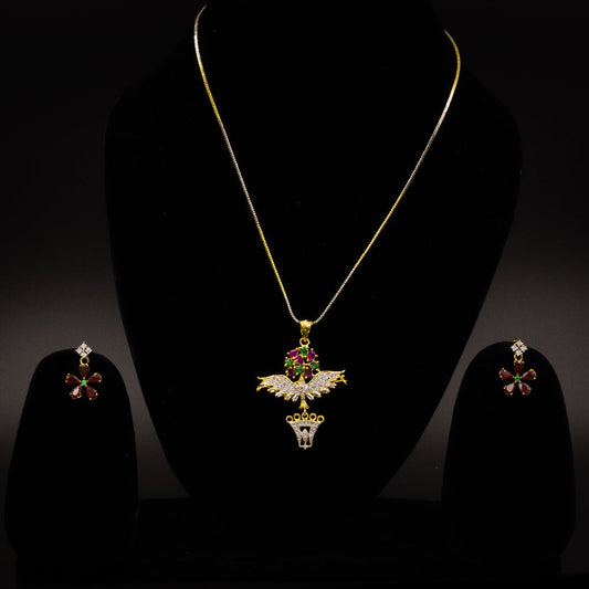 Unique AD multicolor eagle pendant set featuring a bold eagle design with shimmering American Diamonds and vibrant multicolored stones, includes a pendant and matching earrings, perfect for special occasions