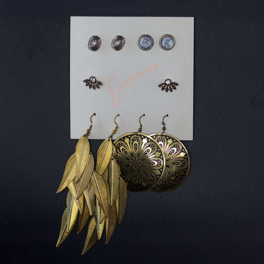 DIVAMAS stylish earring set – 5-in-1 combo of hoops, studs, and danglers. Fashionable, lightweight, and versatile jewelry.

